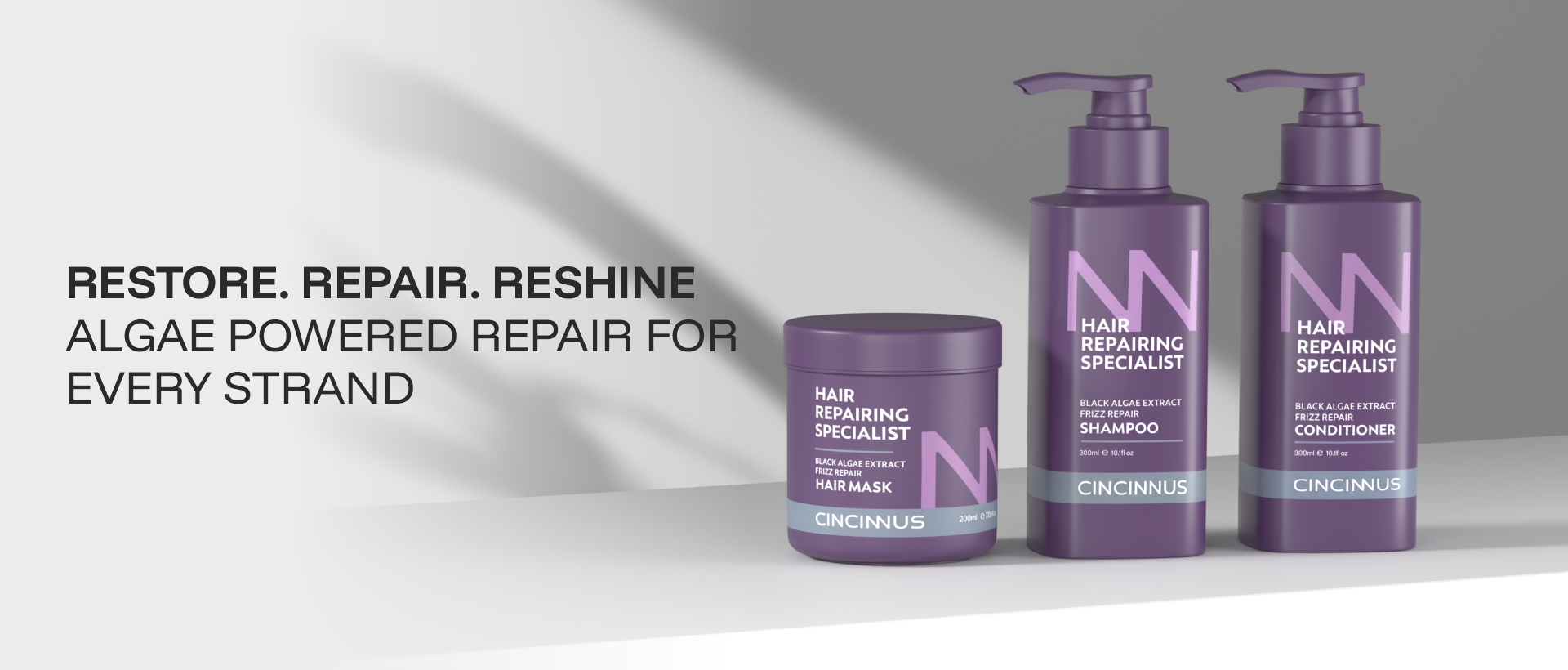 CINCINNUS hair care products with text on a gray background