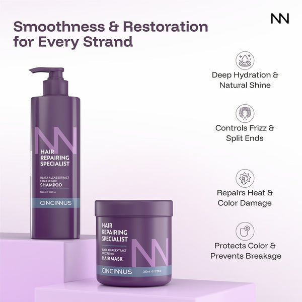 Frizz Repair Shampoo & Hair Mask Combo | Black Algae Extract | Anti-Frizz, Smooth & Deep Nourishing Hair Care for Dry & Damaged Hair - CINCINNUS