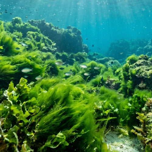 Underwater ocean scene with bright green seaweed or algae-covered coral formations in blue water, with small fish swimming throughout.