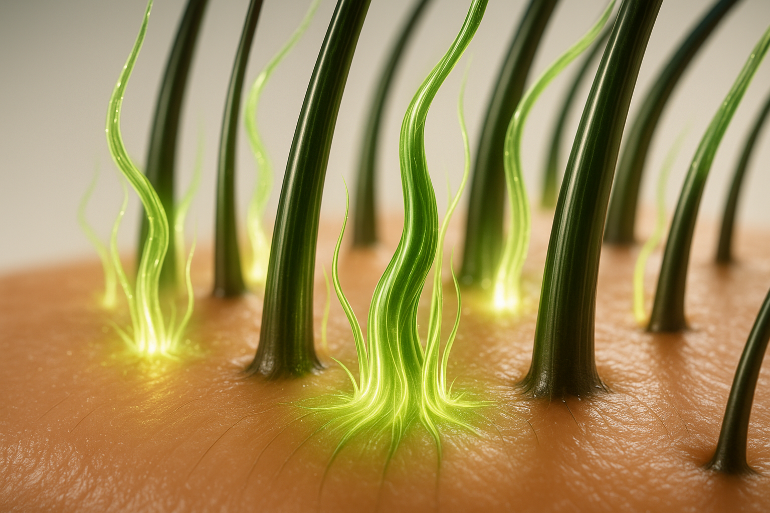 "High-detail beauty visualization of a scalp with glowing hair follicles being gently energized by luminous streams of Green Algae essence. The essence flows like radiant green light, symbolizing bioactive compounds stimulating growth. New hair strands sprout stronger, thicker, and fuller, with a natural shine. The overall mood conveys vitality, regeneration, and healthy nourishment from root to tip. Premium luxury haircare advertisement style, clean background, radiant lighting, ultra-realistic detail."