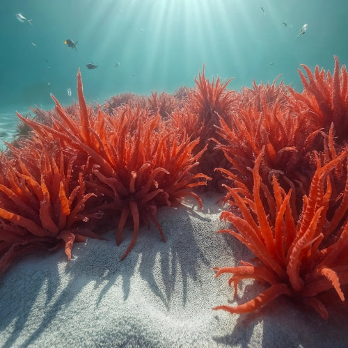 Underwater coral reef scene with bright orange-red sea anemones on pale sandy seabed, with sun rays filtering through turquoise water and small fish in the distance.