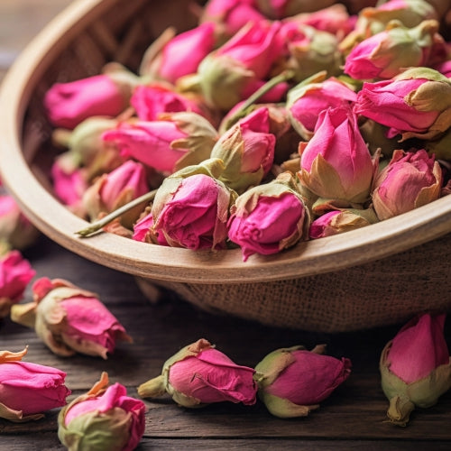 A wooden bowl filled with dried pink rose buds on a rustic dark wood surface.